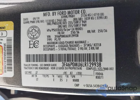 2020 Ford Fusion Hybrid Sel z USA, uszkodzony, nr VIN 3FA6P0MU6LR129938